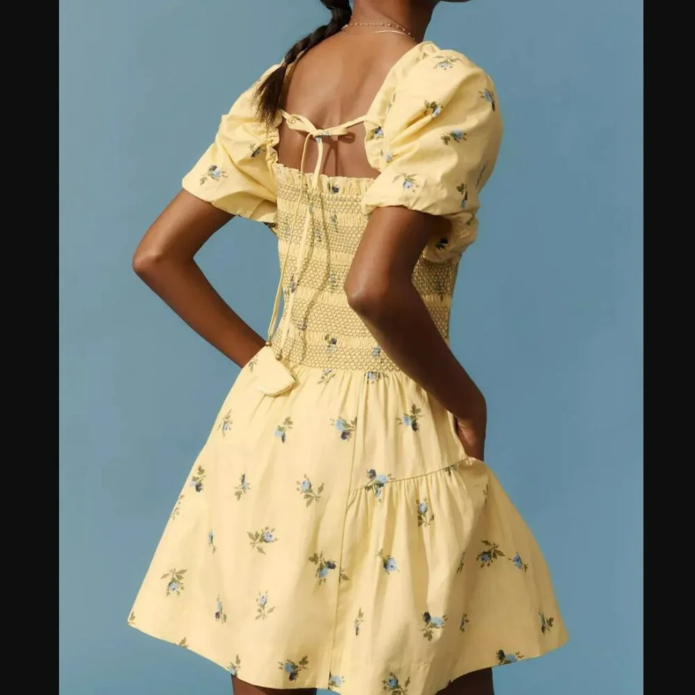 By Anthropologie Puff-Sleeve Square-Neck Smocked Mini Dress - Picture 2 of 8